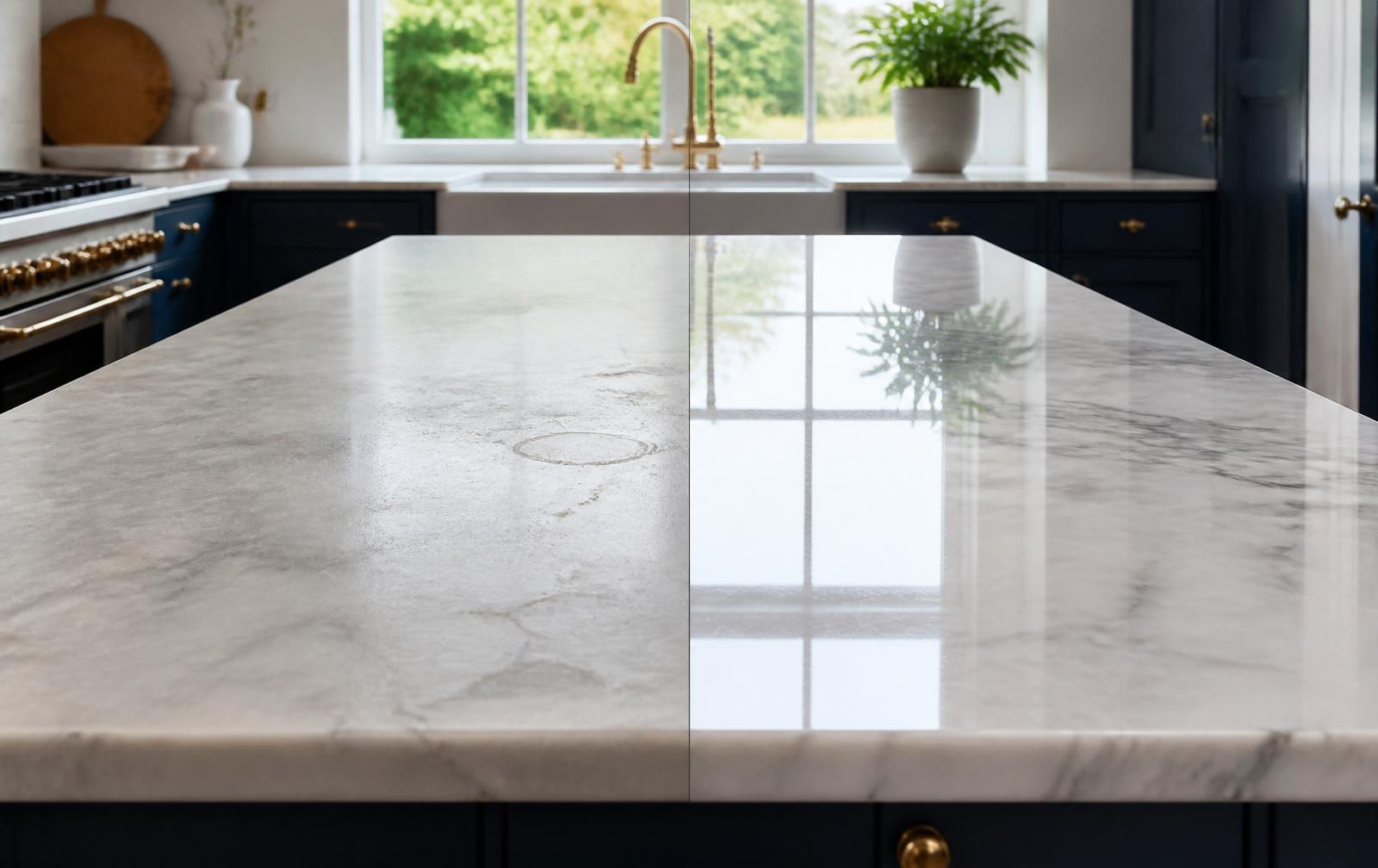 Before and after: dull marble worktop restored to a mirror shine